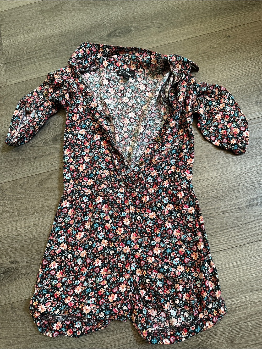 art class Black Floral Romper with Pink & Green Blossoms